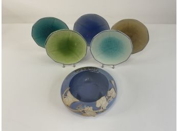 Low Blue & White Planter & Five Small Plates