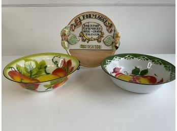 Cheese Plate & Two Enamel Bowls With Fruit Motif