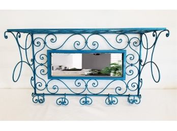 Antique Scrolled Wrought Iron Wire Coat Rack With Mirror Wall Mount Blue