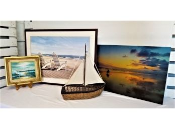 Unique Selection Of Nautical Decor: Seascape Oil Painting, Prints & Sailboat Basket