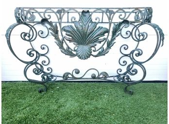 Regal French Antique Green Painted Acanthus Leaf Motif Wrought Iron Table No Top