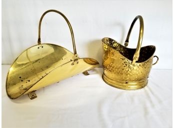Vintage Brass Fireplace Log Holder With Legs & Hammered Brass Scuttle/Coal Bucket