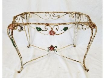 Antique French Scrolled Wrought Iron Table With Red Flowers & Green Leaves