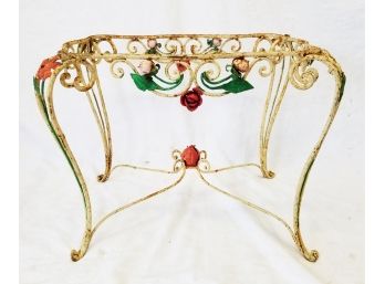 Antique French Scrolled Wrought Iron Table With Pink & Red Roses No Top