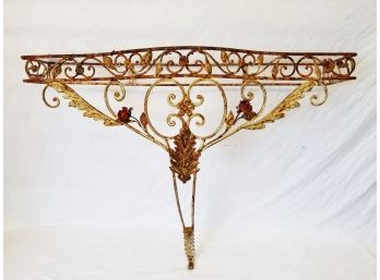 Antique French Wrought Iron Wall Mount Console Table With Acanthus Leaves & Red Roses #3