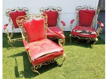 Four Antique French Red Cushioned Scrolled Wrought Iron Armchairs