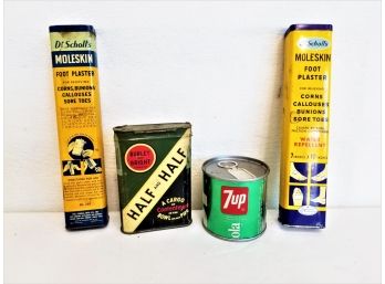 Selection Of Four Vintage Collectors Tins: Dr Scholls, Burley & Bright Half & Half Tobacco & 7UP