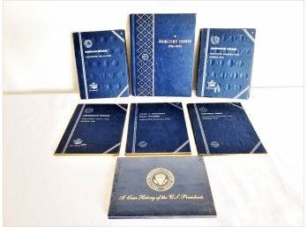 Selection Of Seven Official Mercury & Whitman Coin Folders & Coin History Of U.S. Presidents