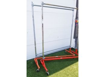 Two Heavy Duty Rolling Z-Clothing Racks With Adjustable Pole Heights