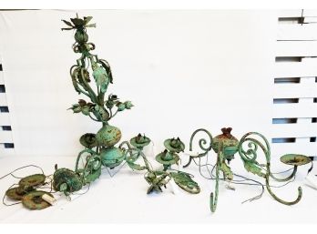 Antique French Wrought Iron Green Candelabra Chandelier Needs Repair