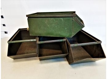 Four Vintage Green Industrial Metal Storage Stack Bins With Handles
