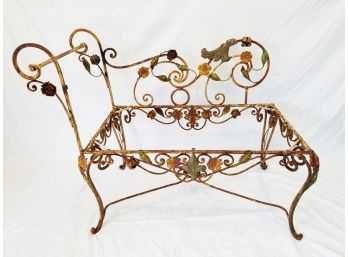 Antique French Turn Of The Century Wrought Iron Petite Bench Seat With Red & Yellow Flowers