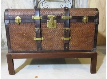 Maitland - Smith  Classic Leather Band Rattan Trunk On Stand Coffee Table