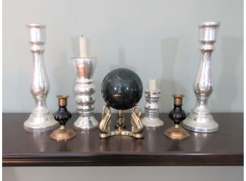 Group Decorative Candlesticks + Marble Ball On Stand