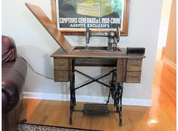 Antique Improved New Wilson Sewing Machine In Iron & Oak Cabinet