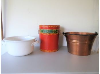 Three Large Decorative Containers - Copper, Tole, Stoneware