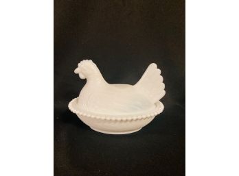 Vintage MCM Milk Glass Hen On Nest