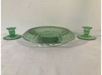 Green Glass Depression Console Set