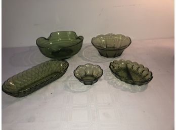 5 Pcs Olive Green Glass Lot