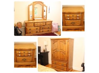 Solid Oak Bedroom Set, Vanity, Armoire, And Nightstands