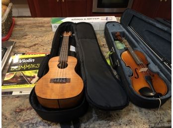 Carlo Robelli Violin  And Kala Brand Ukulele With Cases, Music Stand, And Books