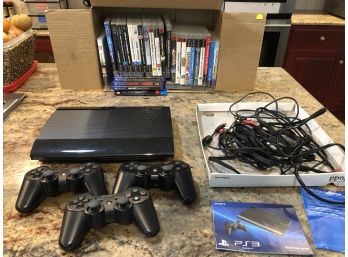 PS3 With Three Controllers And Assorted PS3 Games