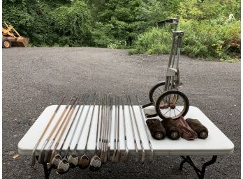 Vintage Golf Clubs And Golf Cart, Four Covers For Clubs