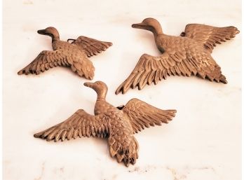 Three Vintage Solid Brass Flying Ducks, Geese Wall Decor