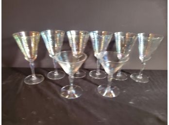 Set Of Seven Vintage Clear Swirl Glass Iridescent Stemware