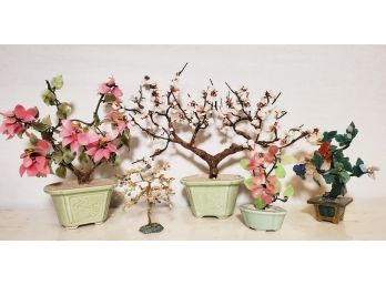 Five Lovely Vintage Japanese Jadeite, Stone Bonsai Plants & Trees