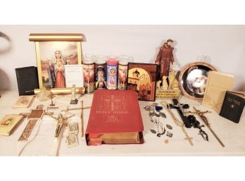 Vintage Catholic Religious Pot Luck - Bibles, St. Francis Outdoor Statue, Rosaries, Crosses & More