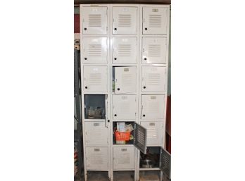 Vintage Pre-assembled Triple Tier Locker, Six Per Row, Full Of Miscellaneous Hardware And Home Goods