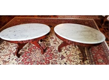 Vintage Pair Kimball Reproduction Italian Marble Topped Cocktail Tables With Carved Wood Base