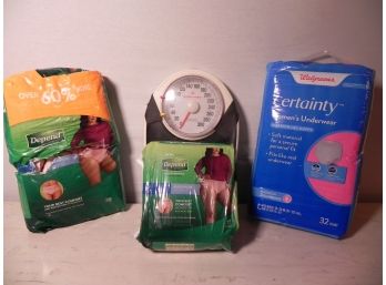 Lot Of Health Care Items Including Bathroom Scale And Incontinence Protection Items