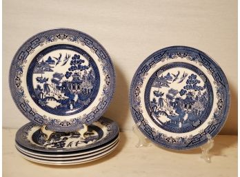 Seven Vintage Churchill England Blue Willow Dinner Plates