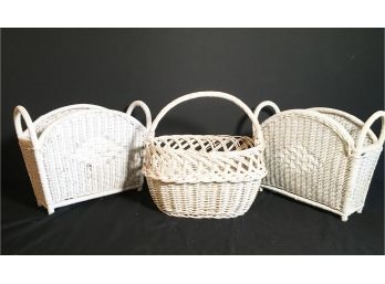 Three White Rattan Baskets - Ideal For Magazines And Knitting