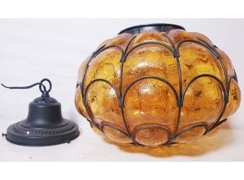 Vintage Amber Crackle Glass Hanging Light Fixture