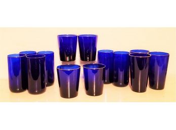 Thirteen Pretty Assorted Cobalt Blue Glass Gold Rimmed Tumblers