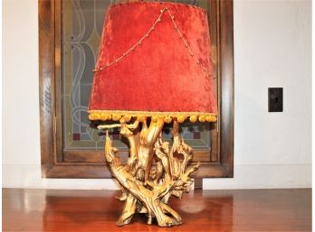 Vintage Hand Crafted Resin/ Plastic Gold Painted Antler Table Lamp With Red Velvet Lamp Shade