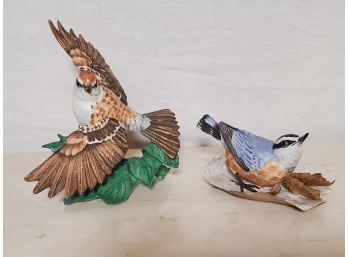 PICS BASE Two Finely Detailed Lenox Bisque Porcelain Bird Figurines - Red Breasted Nuthatch & Chirping Sparrow