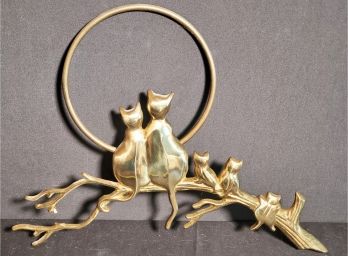 Vintage Brass Cats On Branch Looking At Moon Wall Decor