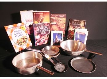 Lot Of Cookbooks, Wok, Frying And Sauce Pans, Includes Cuisinart, T-FAL, Unnware And Jole