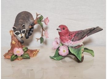 Pair Of Lenox Bisque Porcelain Bird & Raccoon Figurines - Purple Finch & Twilight Mischief Raccoon