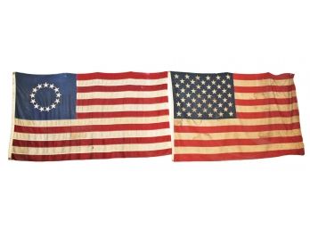 Vintage Pair Of Cotton Flags, Betsy Ross Flag By Defiance, And Regular 50 States Cotton Flag