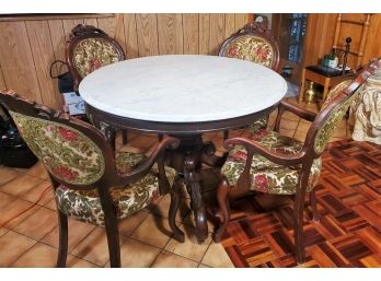 Vintage Kimball Carved Mahogany Round Dining Table Italian White Marble Top & Five Upholstered Chairs