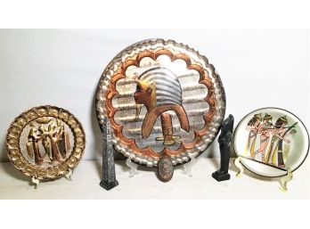 Lot Of Egyptian Decorative Items Including Tray, Wall Decor And Statues