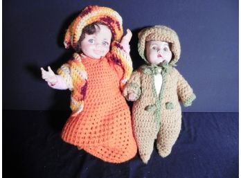 Vintage Dolls Dressed In Handmade Crocheted Garments Including 1968 Idealtoy Giggles Flirty Eyes