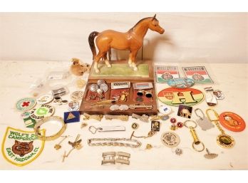 Vintage Mens Dresser Valet, Cufflinks, Tie Clips, Pinbacks, Patches And More