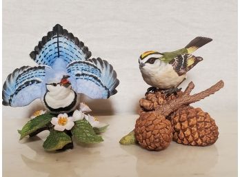 Pair Of Lenox Bisque Porcelain Bird Figurines - Blue Jay & Gold Crowned Kinglet