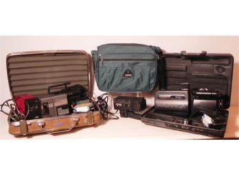 Vintage Video Cameras In Hard Cases, Samsonite Tote, Lighting Accessories, Charger & VHS C Tapes